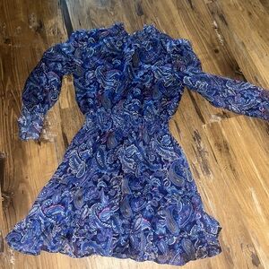 Blue paisley high neck bell sleeve mini dress long